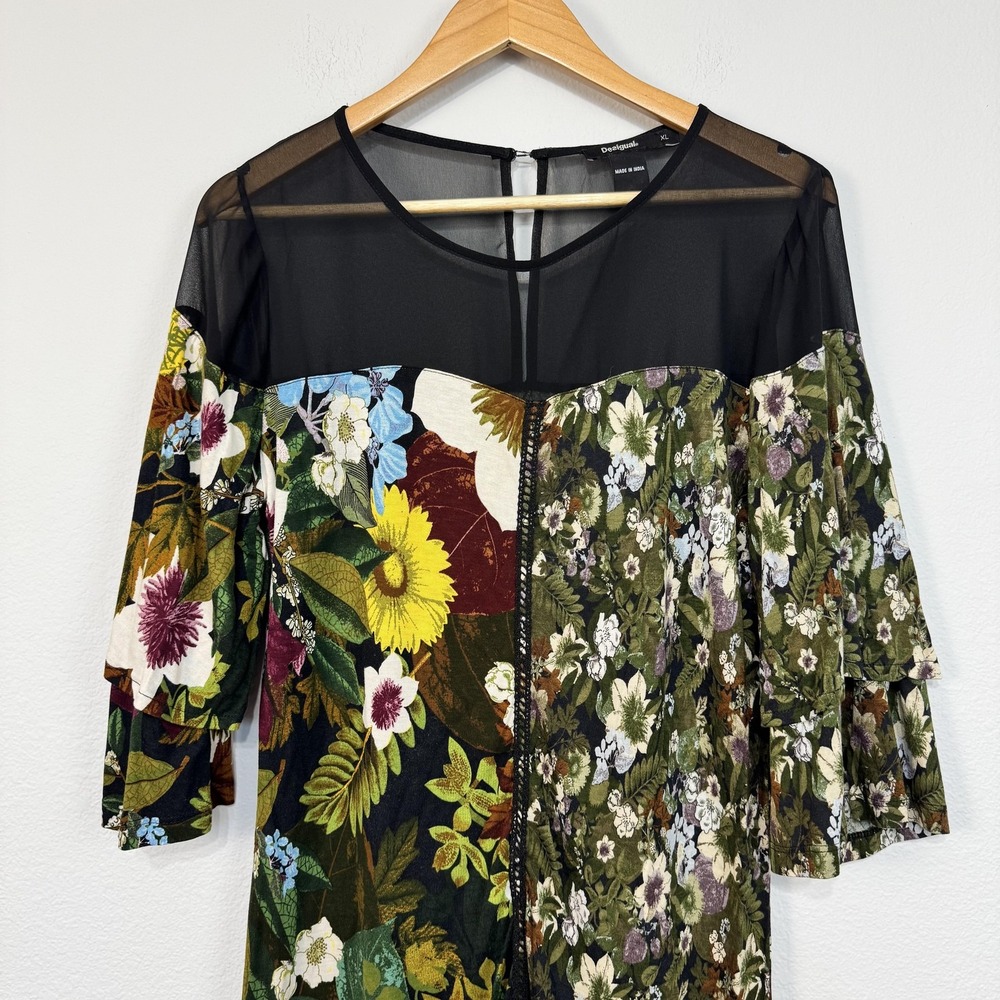 Desigual‎ Dress Womens XL Multicolor Floral Shift Mesh Bell Sleeve Knee Length - Picture 2 of 13
